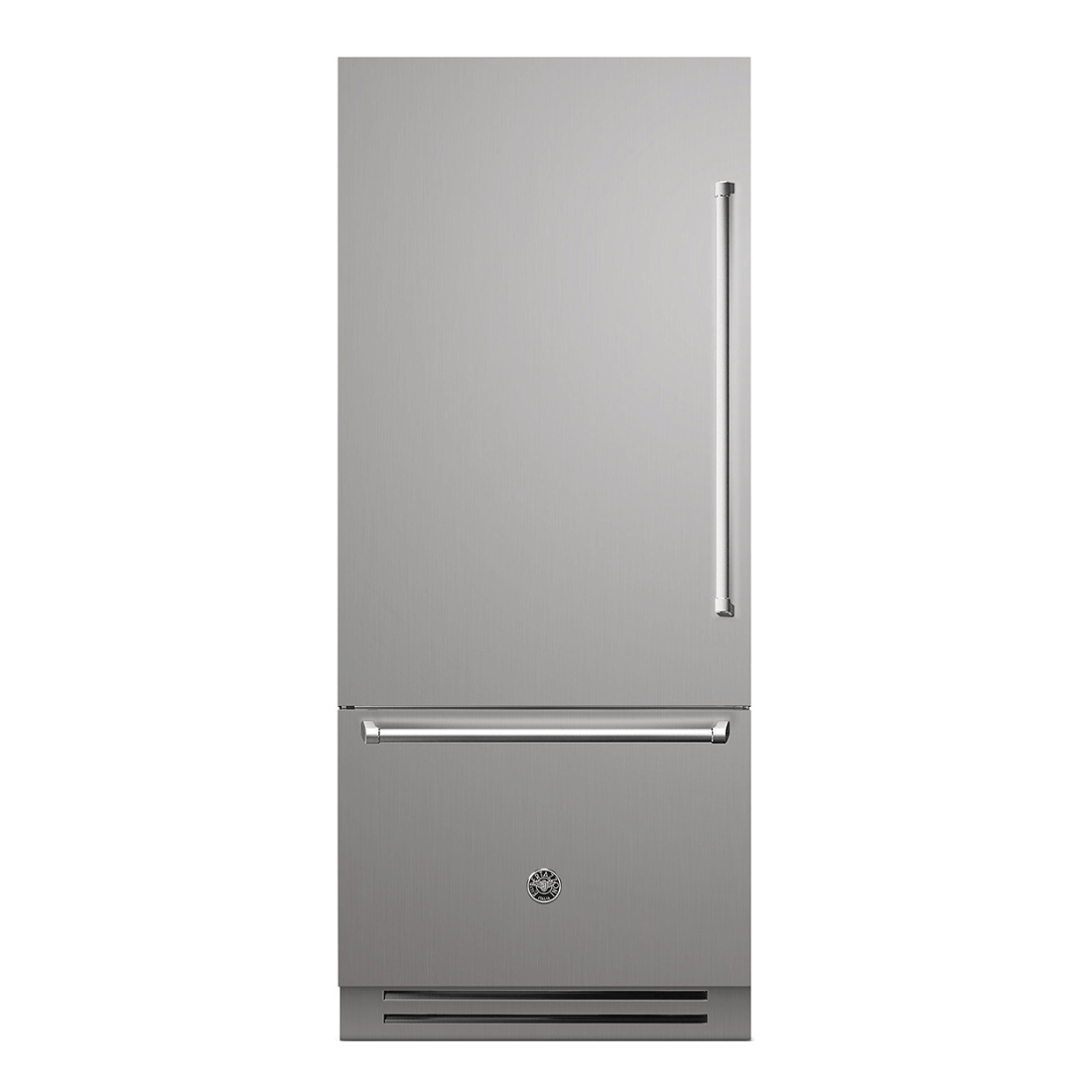 Refrigerador Bertazzoni Master 596 litros com design inox e freezer inferior, 90cm de largura.